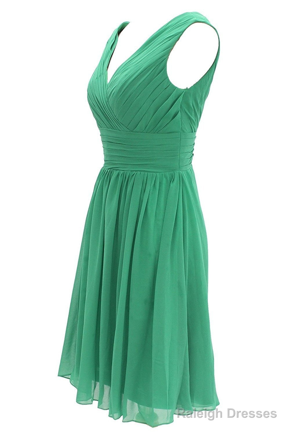 V Neck Watermelon Chiffon Short Bridesmaid Dress
