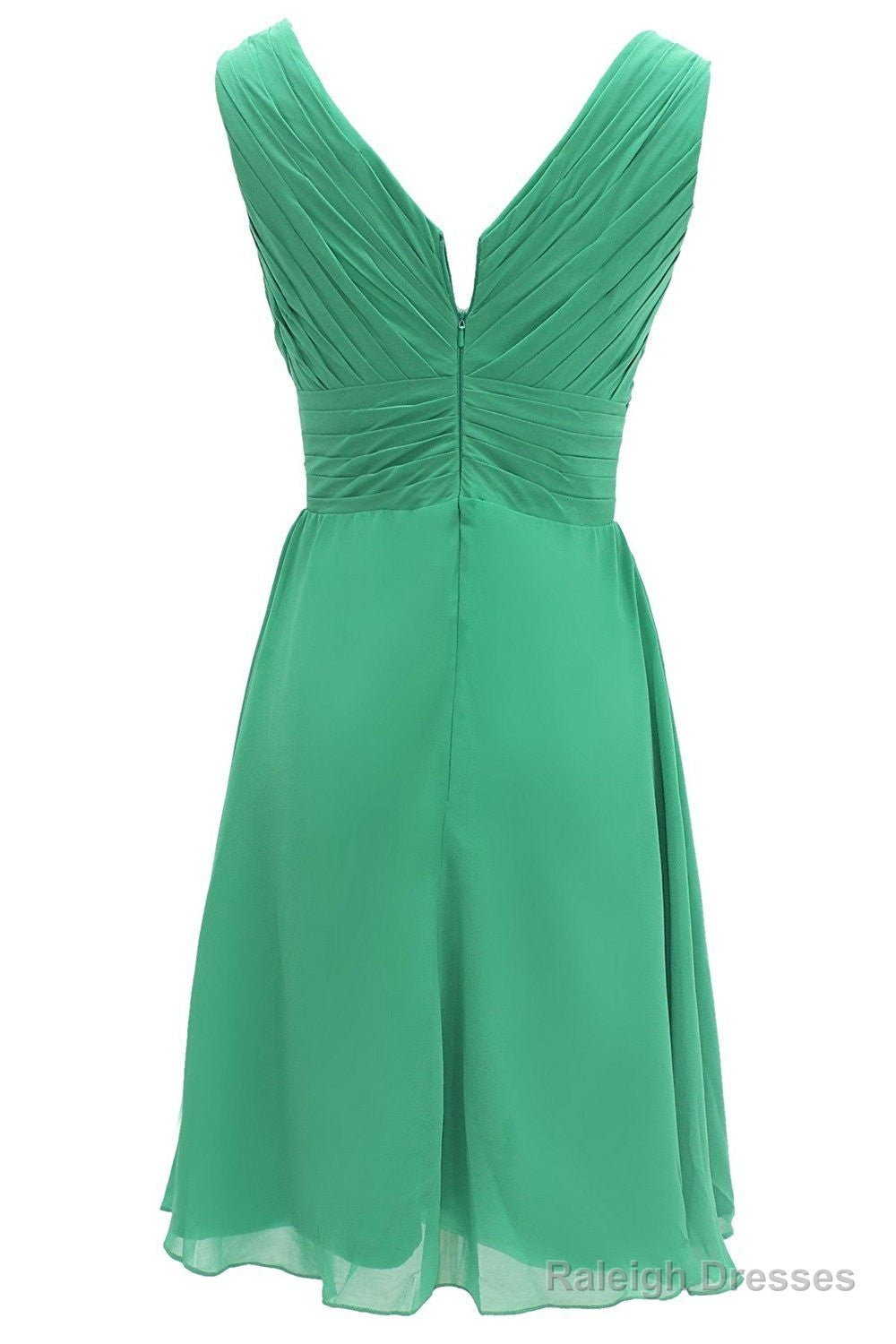 V Neck Watermelon Chiffon Short Bridesmaid Dress