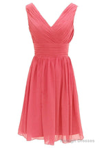 V Neck Watermelon Chiffon Short Bridesmaid Dresses