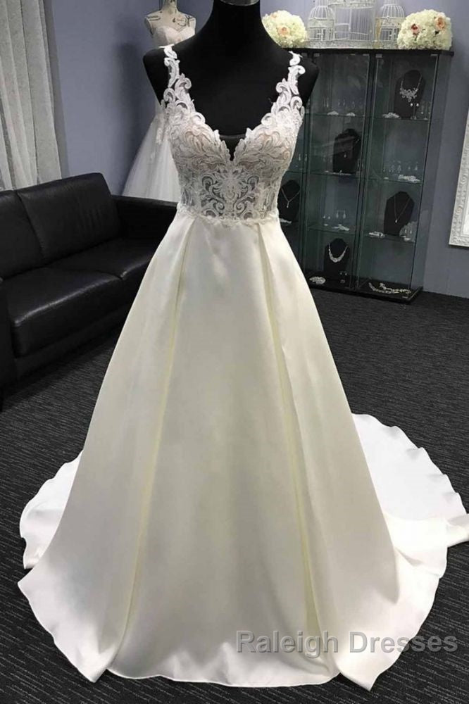 V neck White A line Lace appliques Princess Wedding Dress Secondary image