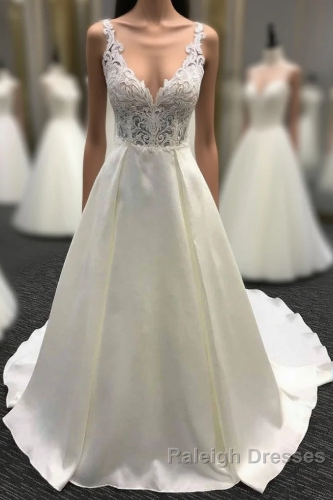 V neck White A Line Lace appliques Princess Wedding Dresses