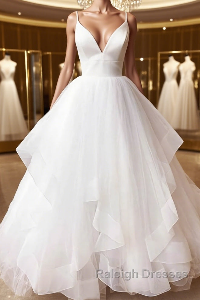 V Neck White Tulle Wedding Dress V Neck White Prom Dress