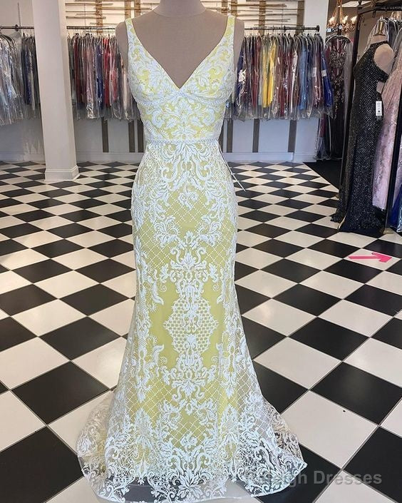 V-Neck White & Yellow Lace Mermaid Prom Dresses Main image