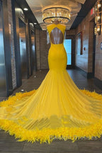 V Neck Yellow Feather Trumpet Mermaid Prom Dress