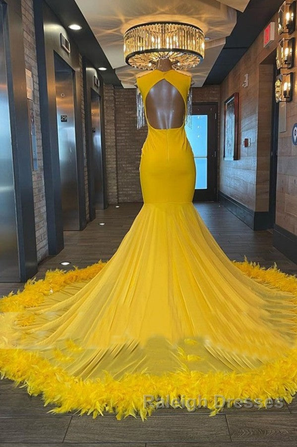 V Neck Yellow Feather Trumpet Mermaid Prom Dress