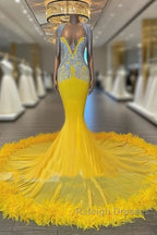 V Neck Yellow Feather Trumpet Mermaid Prom Dress