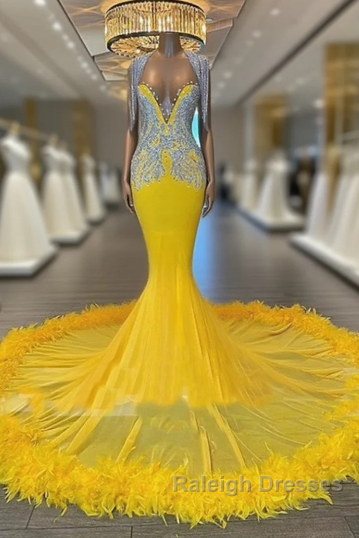 V Neck Yellow Feather Trumpet Mermaid Prom Dress