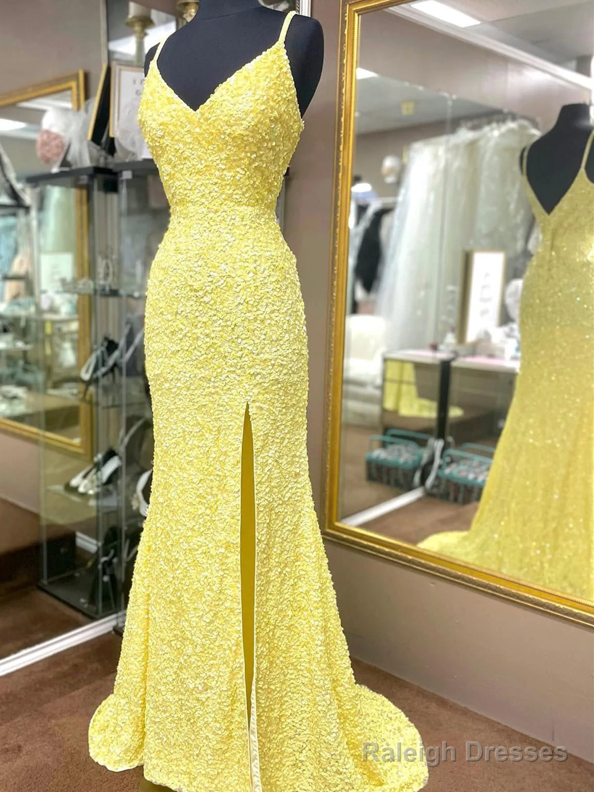 V Neck Yellow Hot Pink Mermaid Long Prom Dresses, Hot Pink Yellow Mermaid Formal Evening Dresses Main image