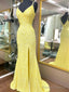 V Neck Yellow Hot Pink Mermaid Long Prom Dresses, Hot Pink Yellow Mermaid Formal Evening Dresses