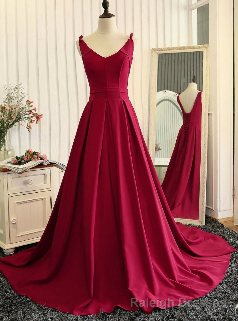 V-neckline Evening Dress Burgundy Prom Dress A line Burgundy Graduation Dress Main image