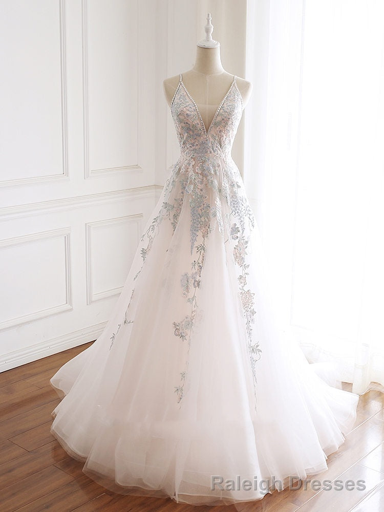V Neckline Lace Applique Floor Length Prom Dress, Charming White Floral Prom Dress