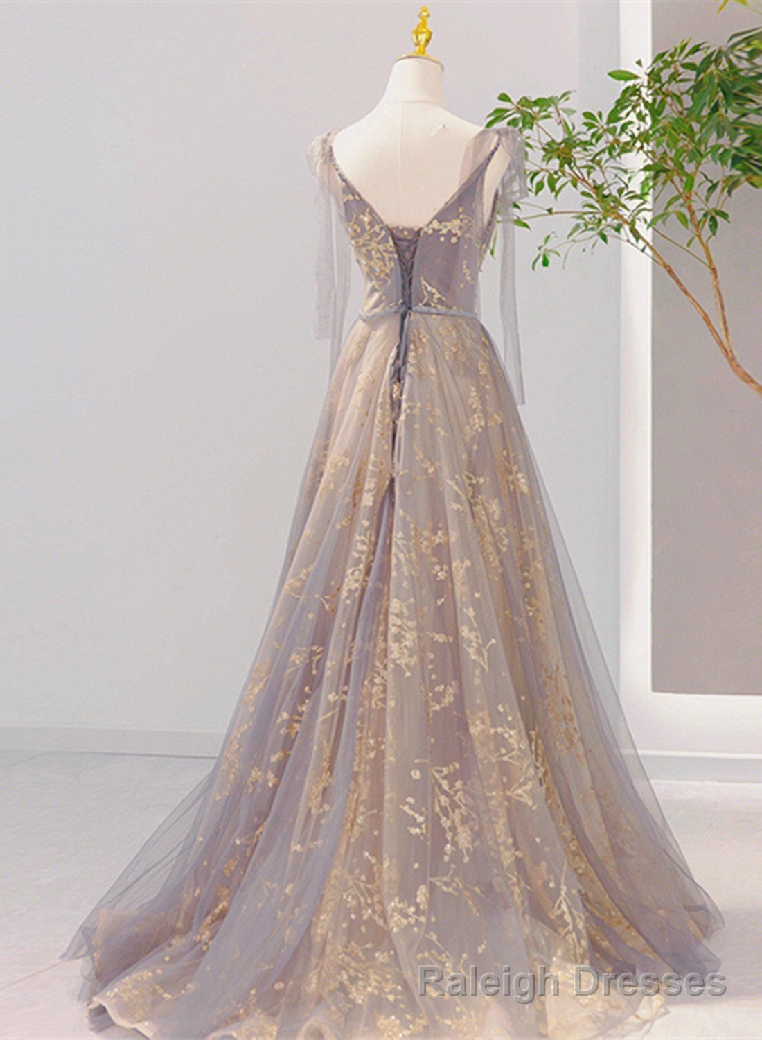 V Neckline Lace-up Champagne and Grey Long Formal Dress, Tulle Prom Dress