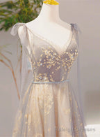 V Neckline Lace-up Champagne and Grey Long Formal Dress, Tulle Prom Dress