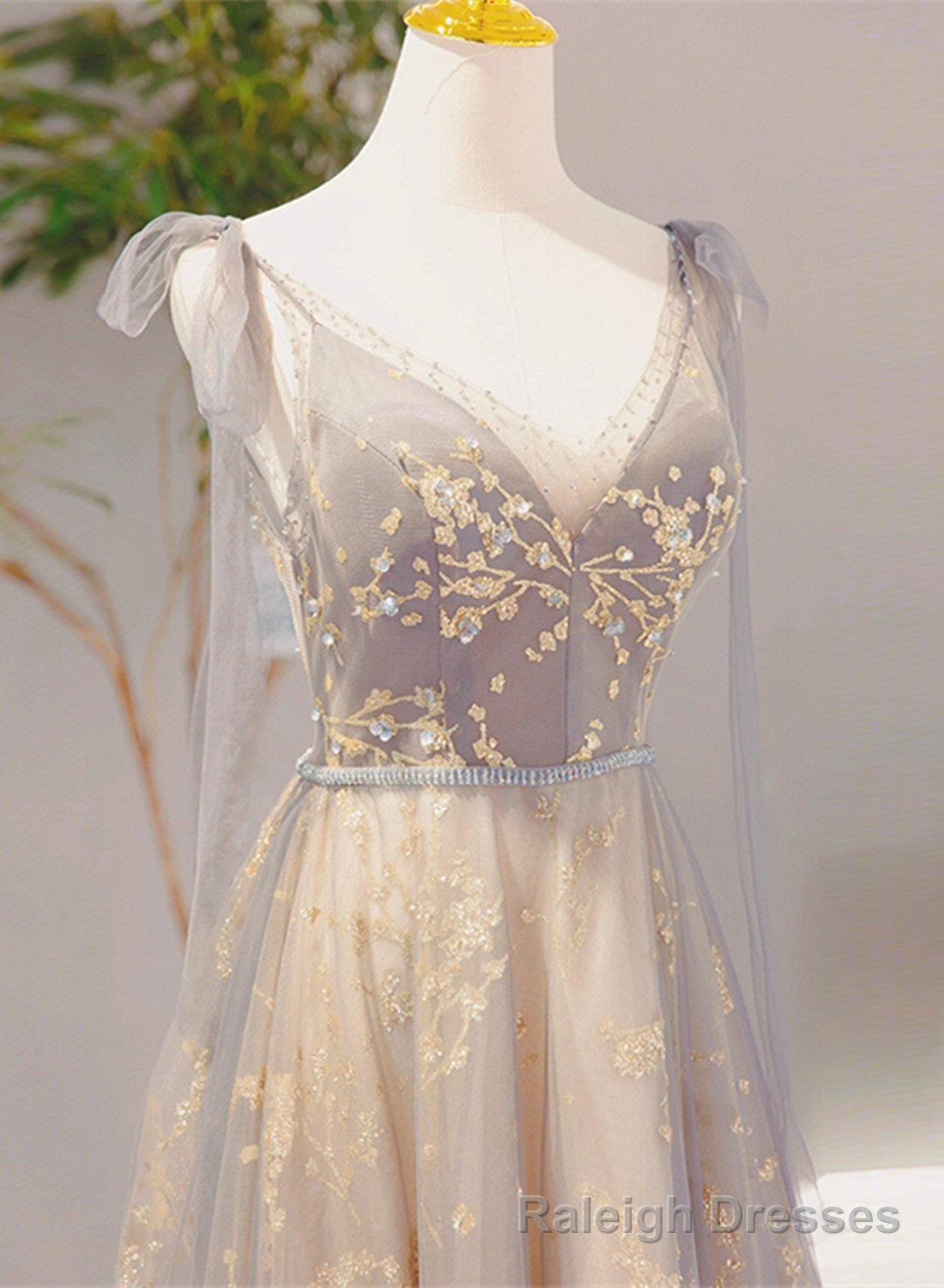 V Neckline Lace-up Champagne and Grey Long Formal Dress, Tulle Prom Dress