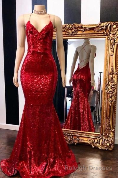 Long Sequin Red Prom Dresses Mermaid Sleeveless Evening Gown Secondary image