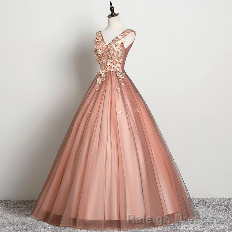 V-neckline Tulle Ball Gown Pink Sweet 16 Dresses, Ball Gown Lace Applique Quinceanera Dress Main image