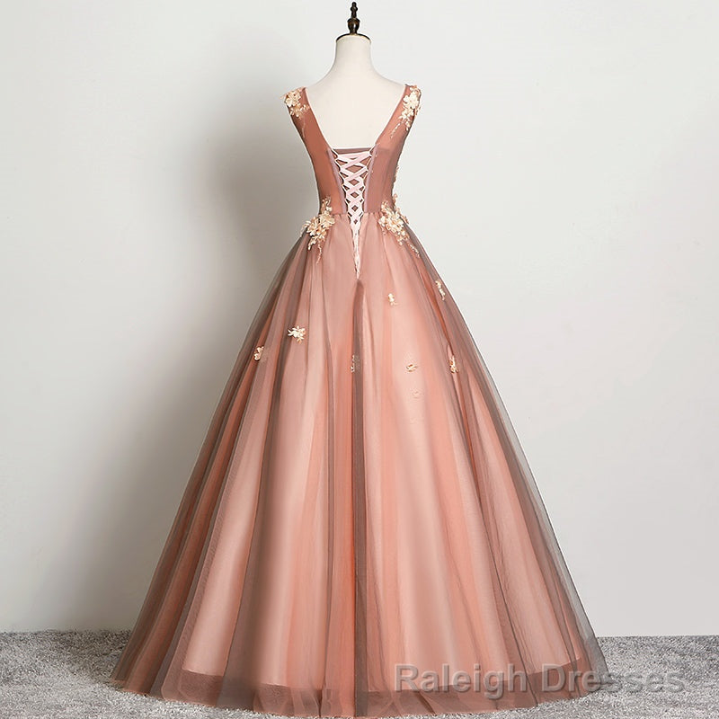 V-neckline Tulle Ball Gown Pink Sweet 16 Dresses, Ball Gown Lace Applique Quinceanera Dress