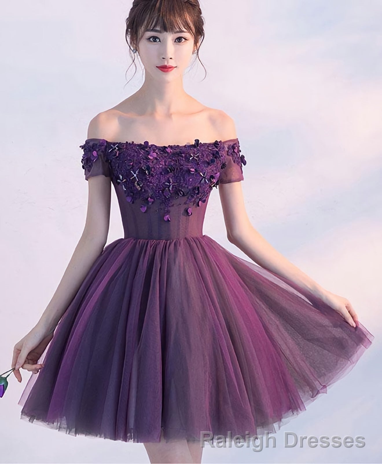 Cute A Line Purple Off Shoulder Short Prom Dress Homecoming Dress Secondary image
