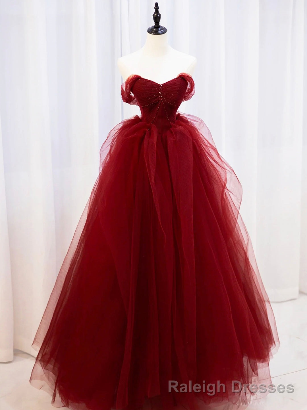 Burgundy Sweetheart Tulle Long Prom Dress with Beaded, Burgundy Party Dress Main image