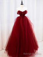 Burgundy Sweetheart Tulle Long Prom Dress with Beaded, Burgundy Party Dress