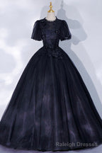 Black Tulle Lace Long A Line Prom Dress, A Line Short Sleeve Prom Gowns