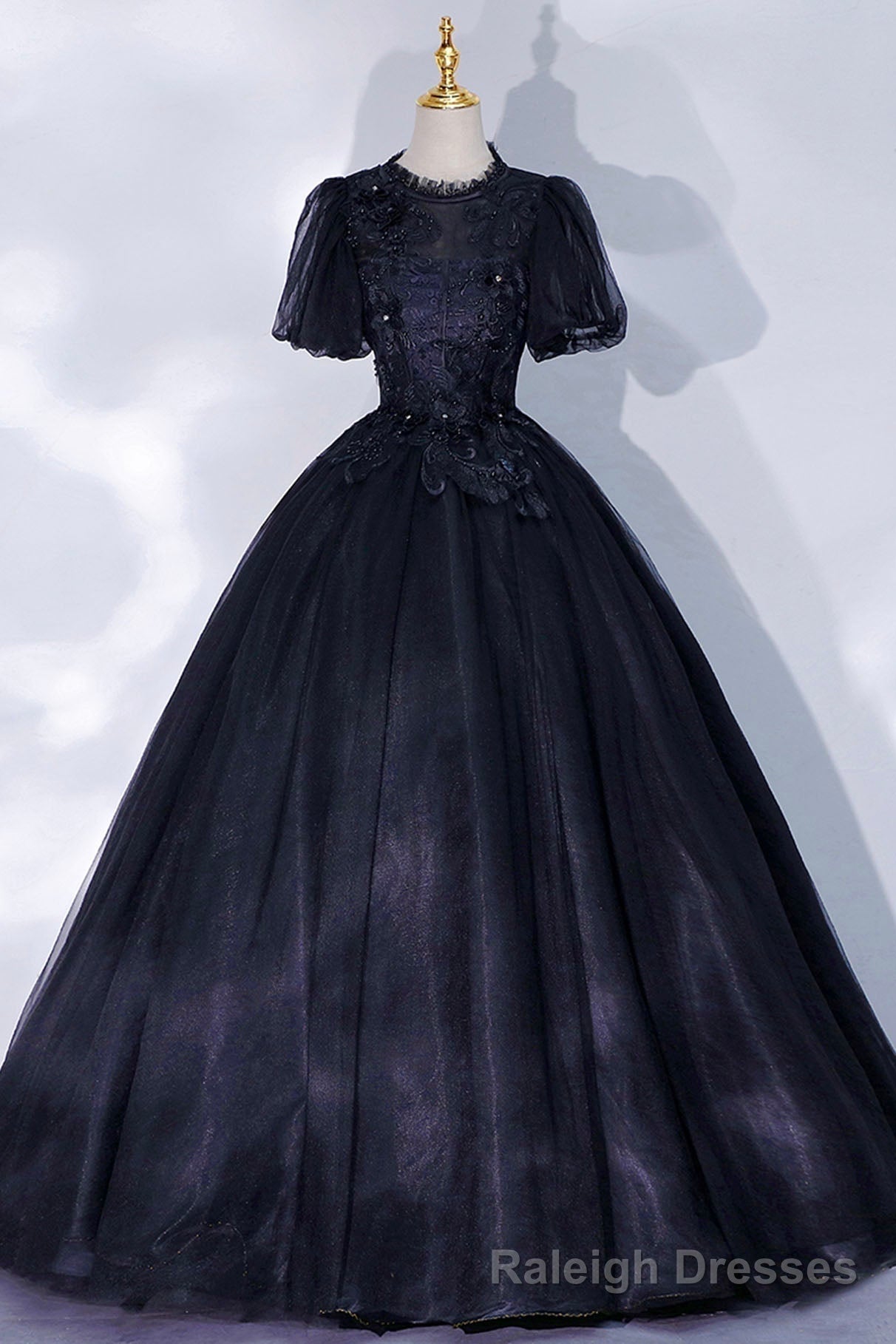 Black Tulle Lace Long A Line Prom Dress, A Line Short Sleeve Prom Gowns