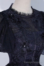 Black Tulle Lace Long A Line Prom Dress, A Line Short Sleeve Prom Gowns