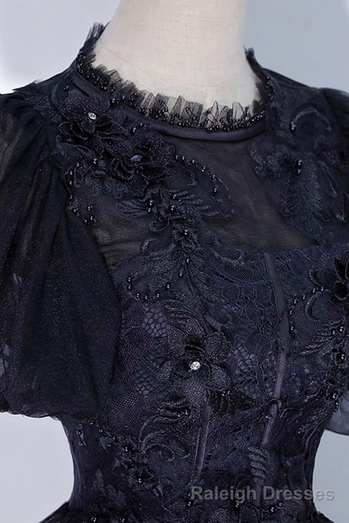 Black Tulle Lace Long A Line Prom Dress, A Line Short Sleeve Prom Gowns