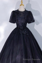 Black Tulle Lace Long A-Line Prom Dress, A-Line Short Sleeve Evening Gown