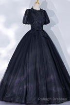 Black Tulle Lace Long A-Line Prom Dress, A-Line Short Sleeve Evening Gown