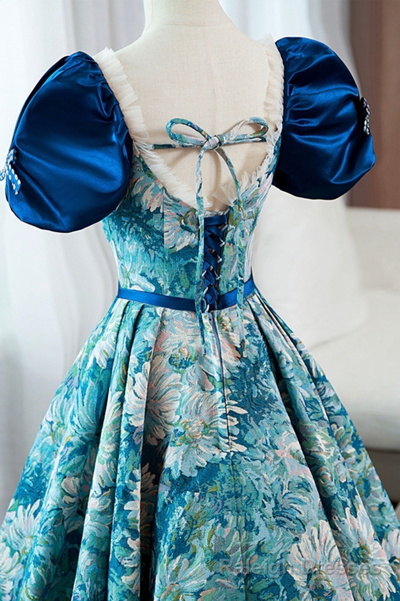 Blue Printed Long A Line Prom Dress, Elegant Short Sleeve Formal Dress