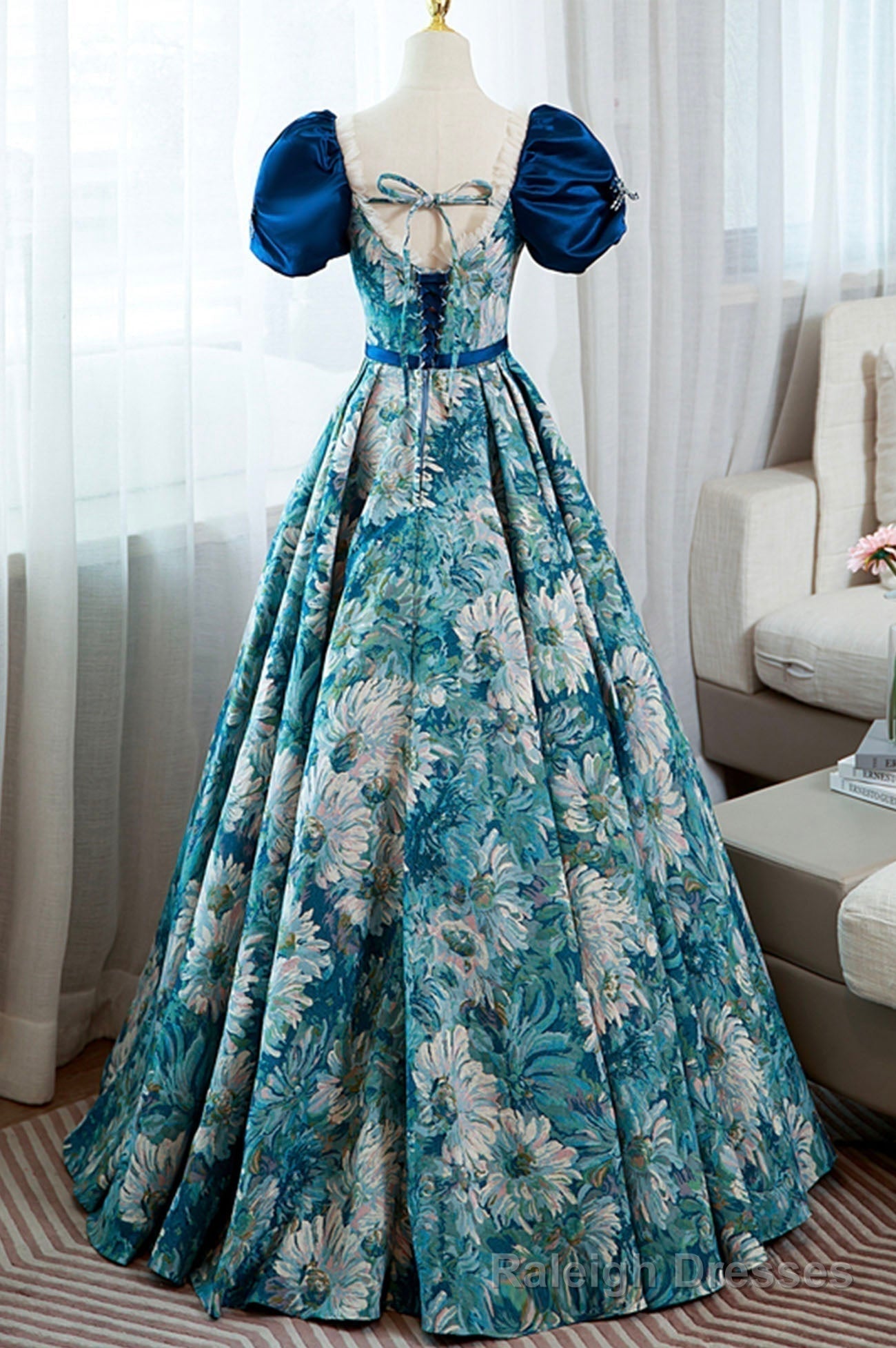 Blue Printed Long A-Line Prom Dress, Elegant Short Sleeve Formal Dress