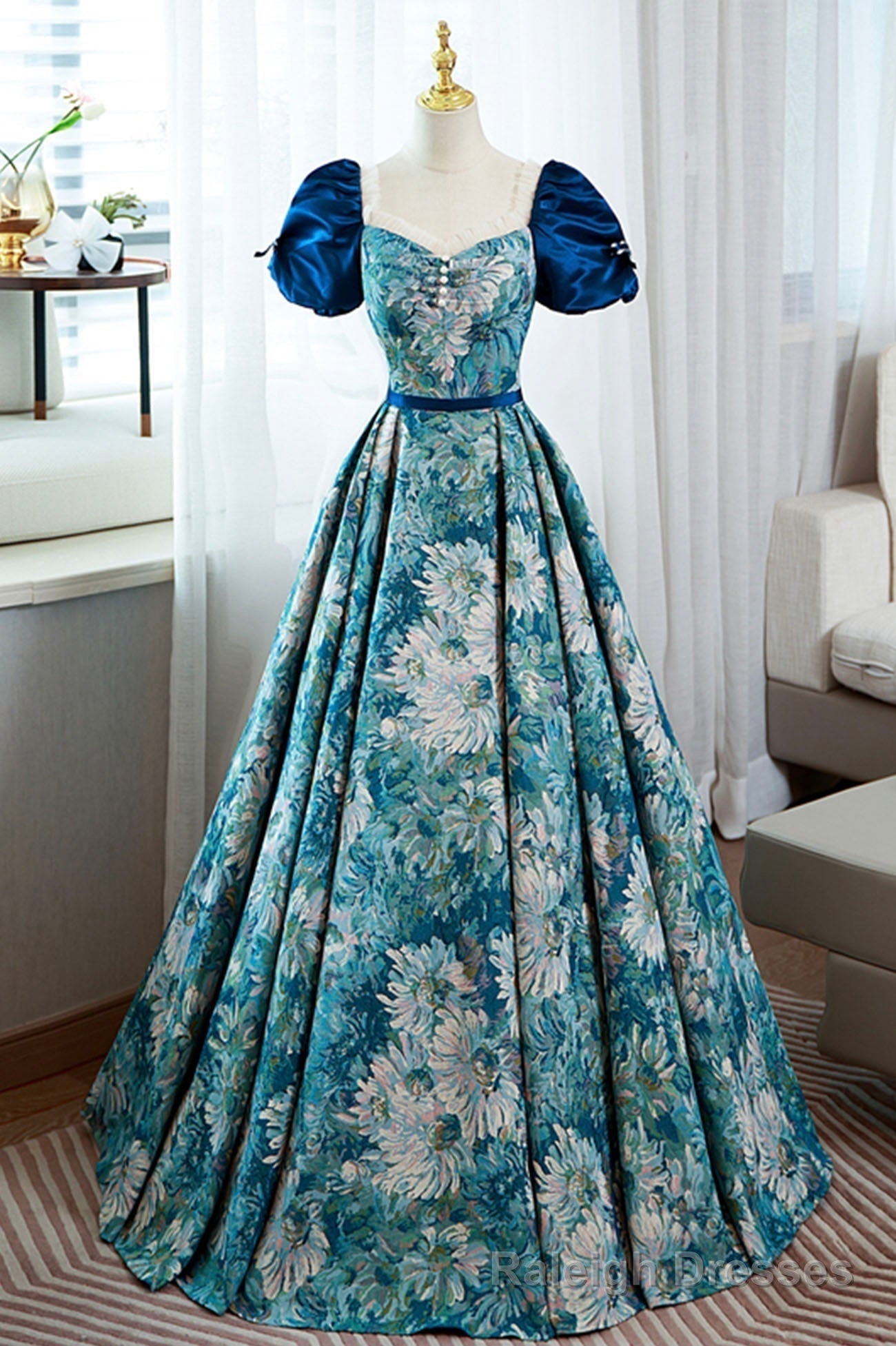 Blue Printed Long A-Line Prom Dress, Elegant Short Sleeve Formal Dress Secondary image