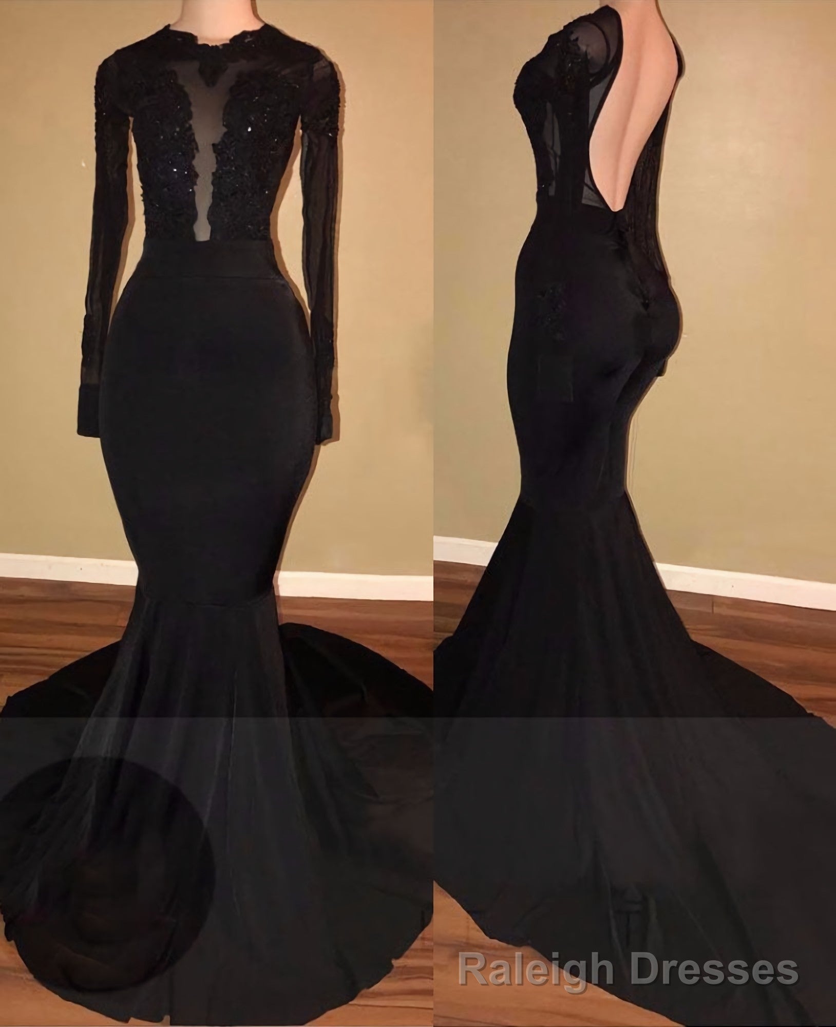 2025 Unique Black Long Sleeves Mermaid Backless Prom Dresses