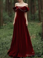 Velvet A Line Burgundy Long Prom Dress, Burgundy Formal Evening Dresses