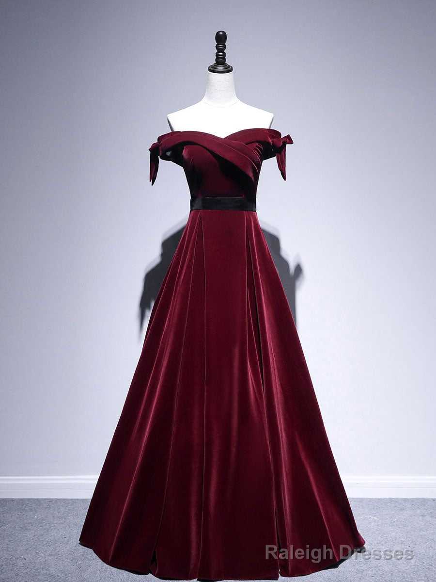 Velvet A Line Burgundy Long Prom Dress, Velvet Bridesmaid Dress
