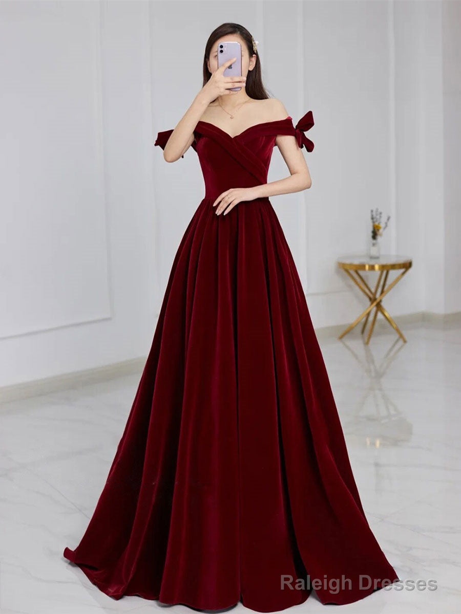 Velvet A-Line Burgundy Long Prom Dresses Velvet Bridesmaid Dresses