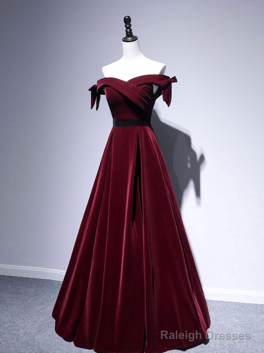 Velvet A Line Burgundy Long Prom Dress, Velvet Bridesmaid Dress Main image