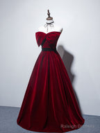 Velvet A Line Burgundy Satin Long Prom Dress, Velvet Bridesmaid Dress