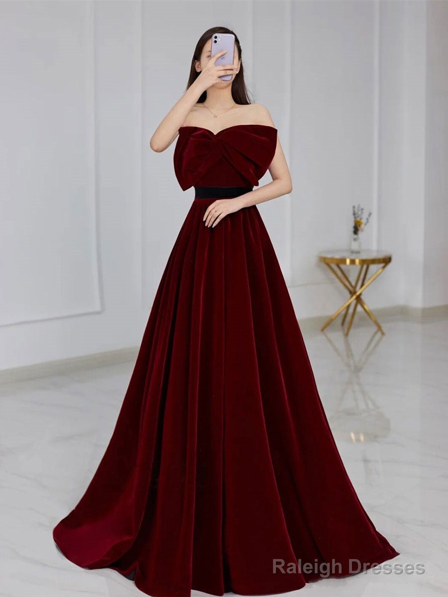 Velvet A-Line Burgundy Satin Long Prom Dresses Velvet Bridesmaid Dresses