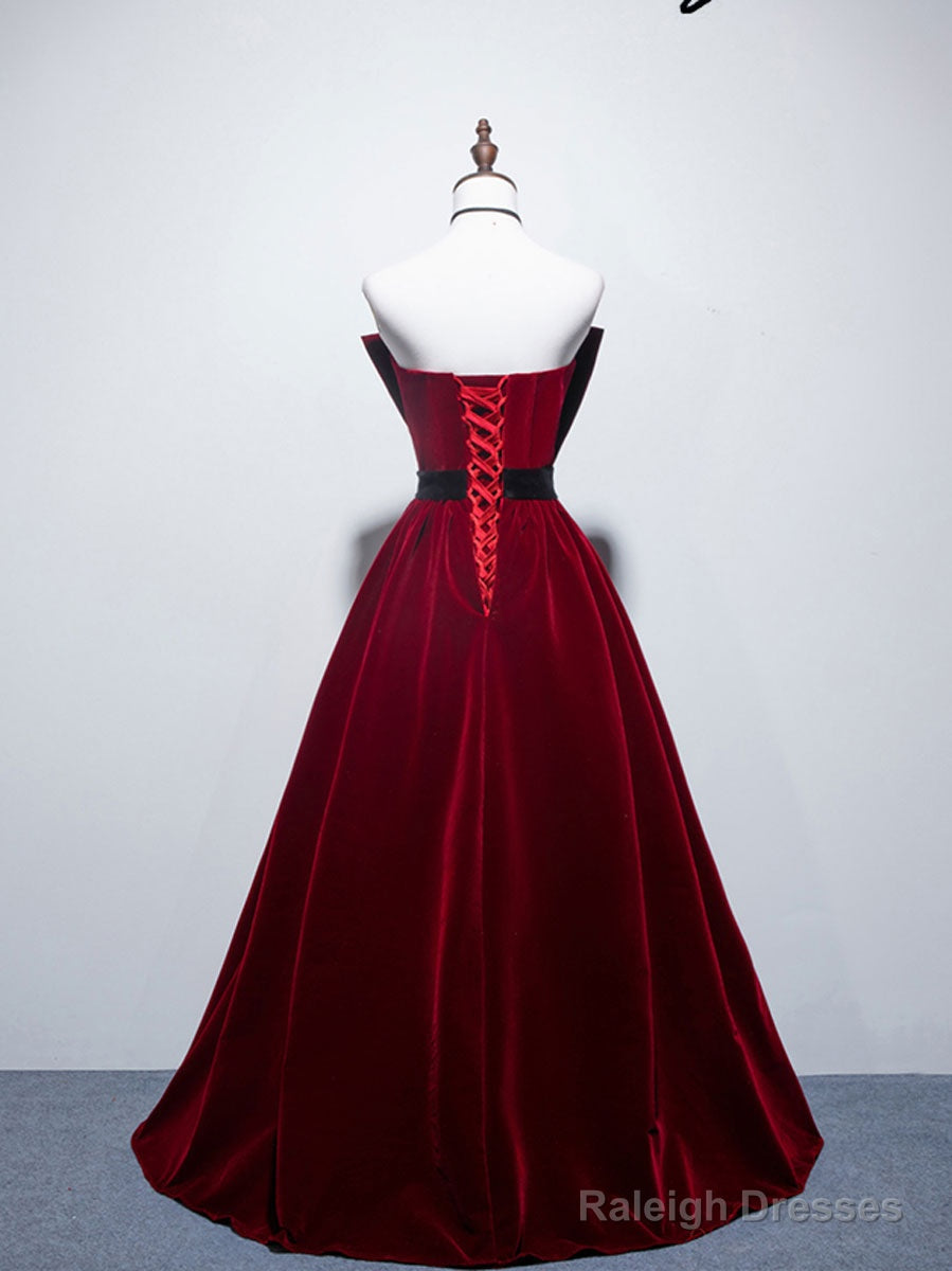 Velvet A Line Burgundy Satin Long Prom Dress, Velvet Bridesmaid Dress