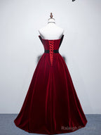 Velvet A-Line Burgundy Satin Long Prom Dresses Velvet Bridesmaid Dresses