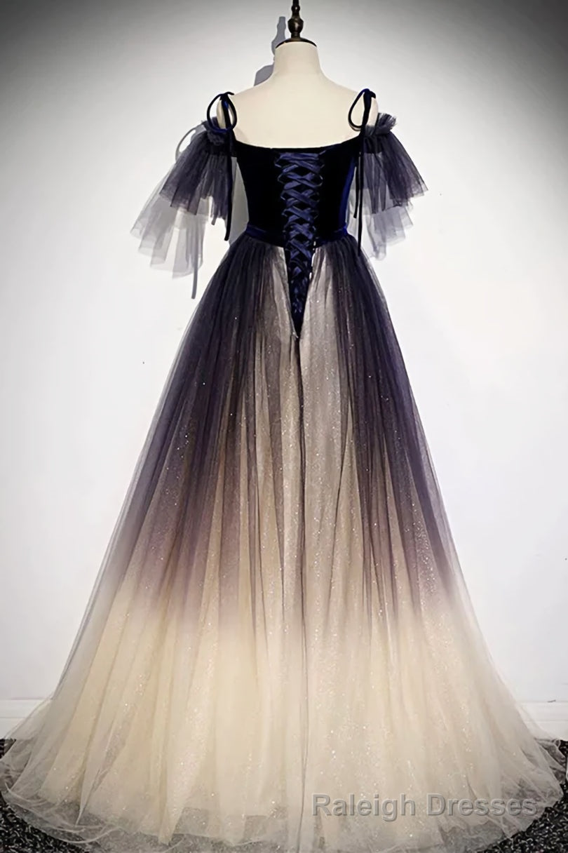 Velvet and Gradient Tulle Long Party Dress, Straps Long Evening Gown