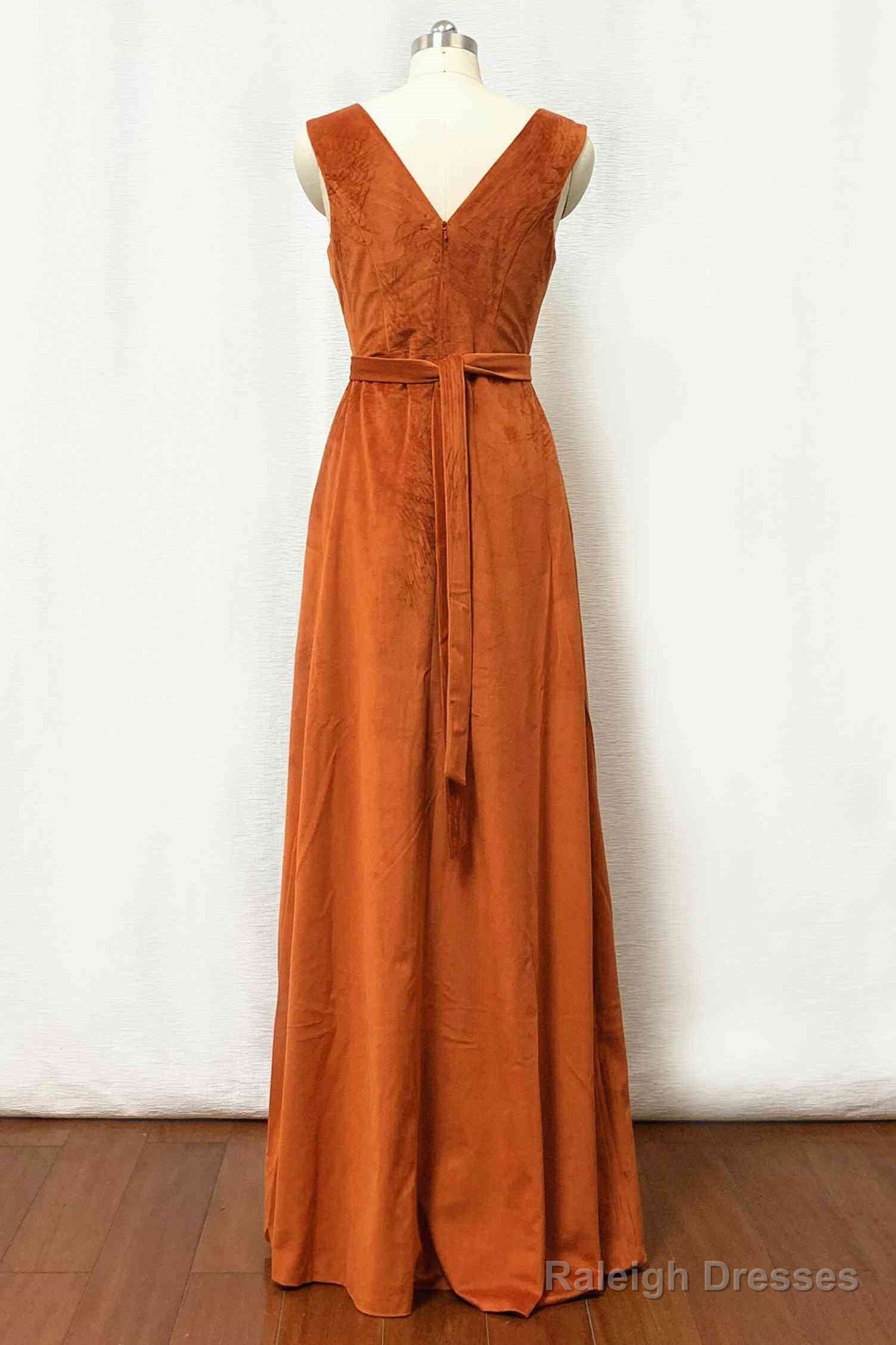 Velvet Burnt Orange Formal Dress V-Neck Bridesmaid Dress Pleated With Belt Secondary image