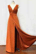 Velvet Burnt Orange Formal Dress V-Neck Bridesmaid Dress Pleated With Belt
