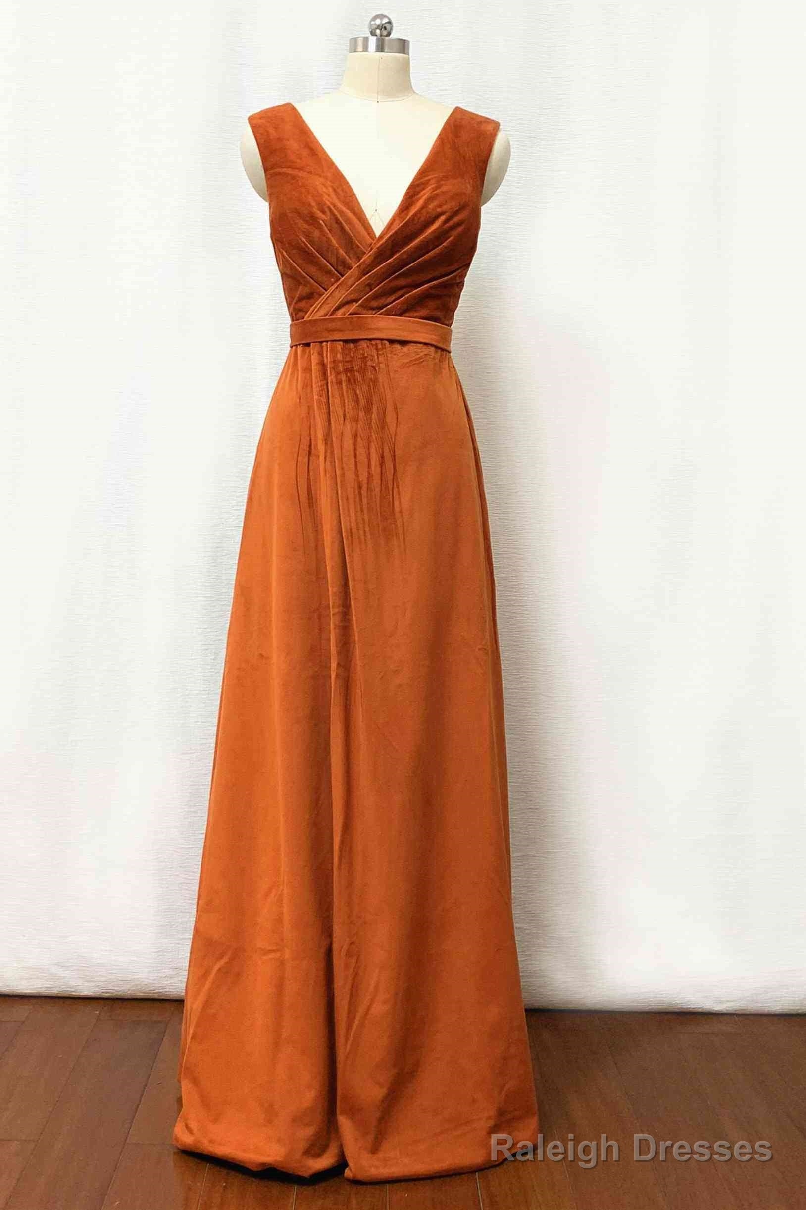 Velvet Burnt Orange Formal Dress V-Neck Bridesmaid Dress Pleated With Belt Main image