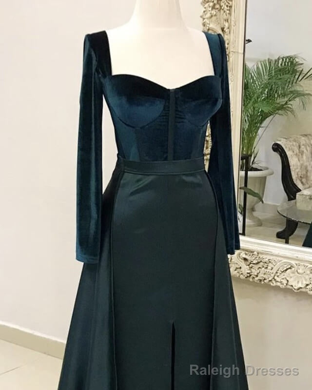 Velvet Long Sleeve Satin Split Gowns