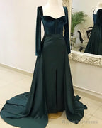 Velvet Long Sleeve Satin Split Gowns
