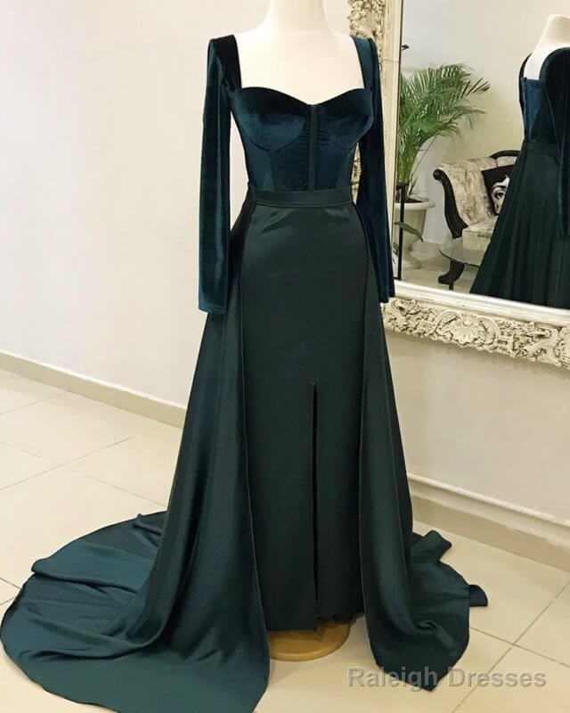 Velvet Long Sleeve Satin Split Gowns