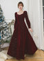 Velvet Long Sleeves A-Line Long Formal Dress Prom Dresses Wedding Guest Party Dresses